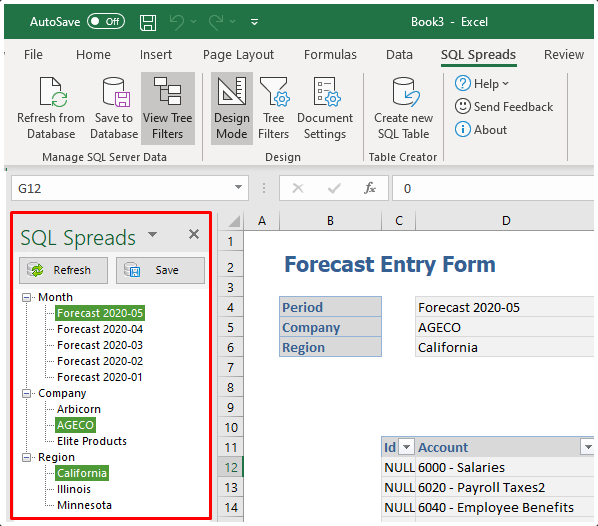 screenshot of SQL Spreads